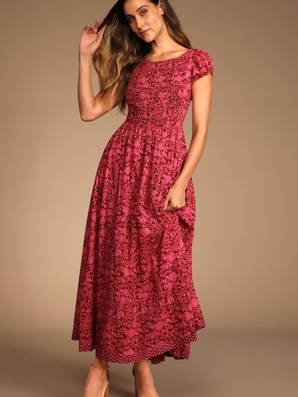 Free People Ultraviolet Smocked Lace-Up Maxi Dress Raspberry Burgundy Floral